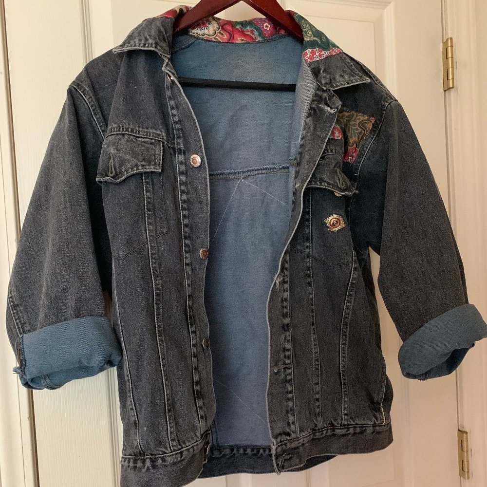 Vintage Black Jean Jacket w/ Patchwork Detailing